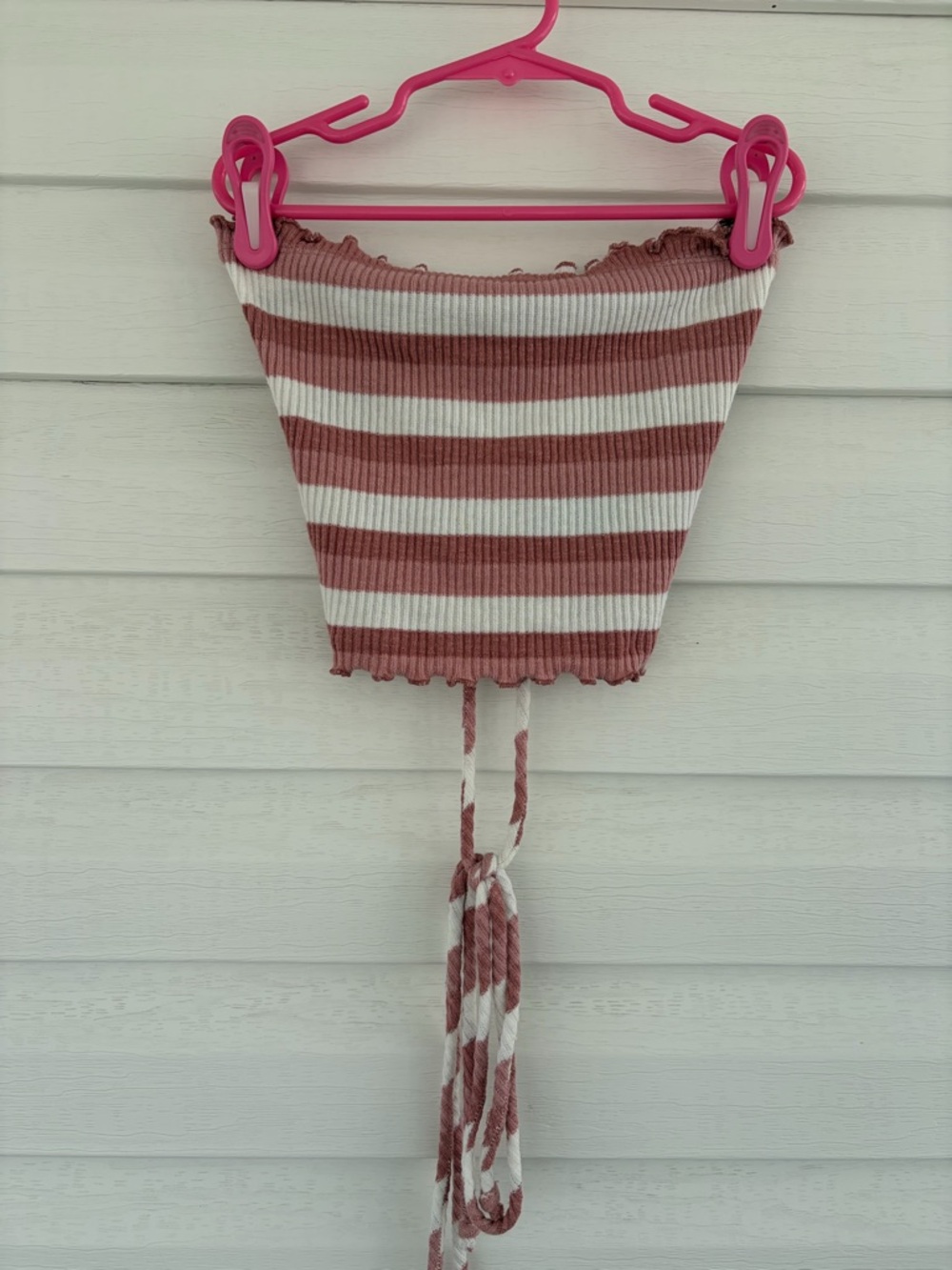 Pink White Striped Lace Up Back Strapless Crop Top Y2K Coquette